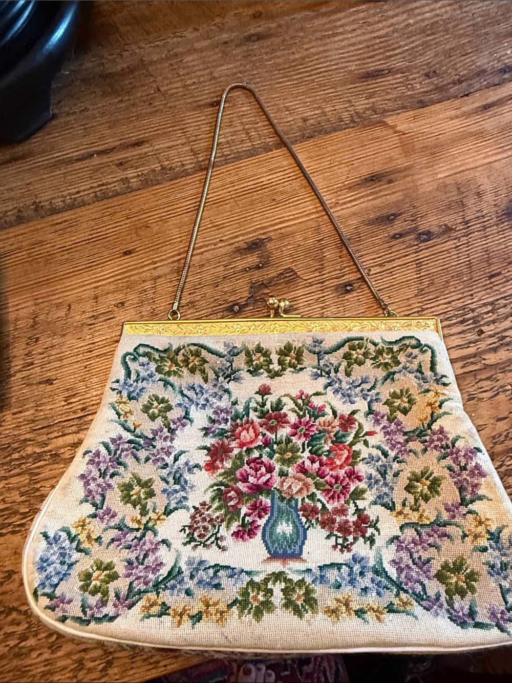 Vintage Floral Tapestry Handbag with Gold Frame
